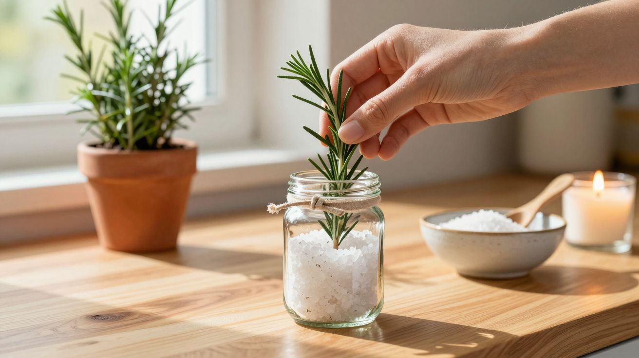 Mão coloca alecrim num frasco de sal grosso, em mesa de madeira, perto de vaso de cerâmica e vela acesa.