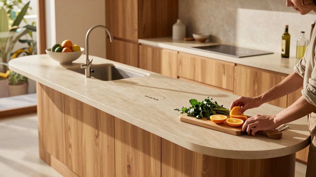 Cozinha moderna com bancada em madeira clara, lava-loiça e pessoa a cortar frutas e ervas numa tábua.