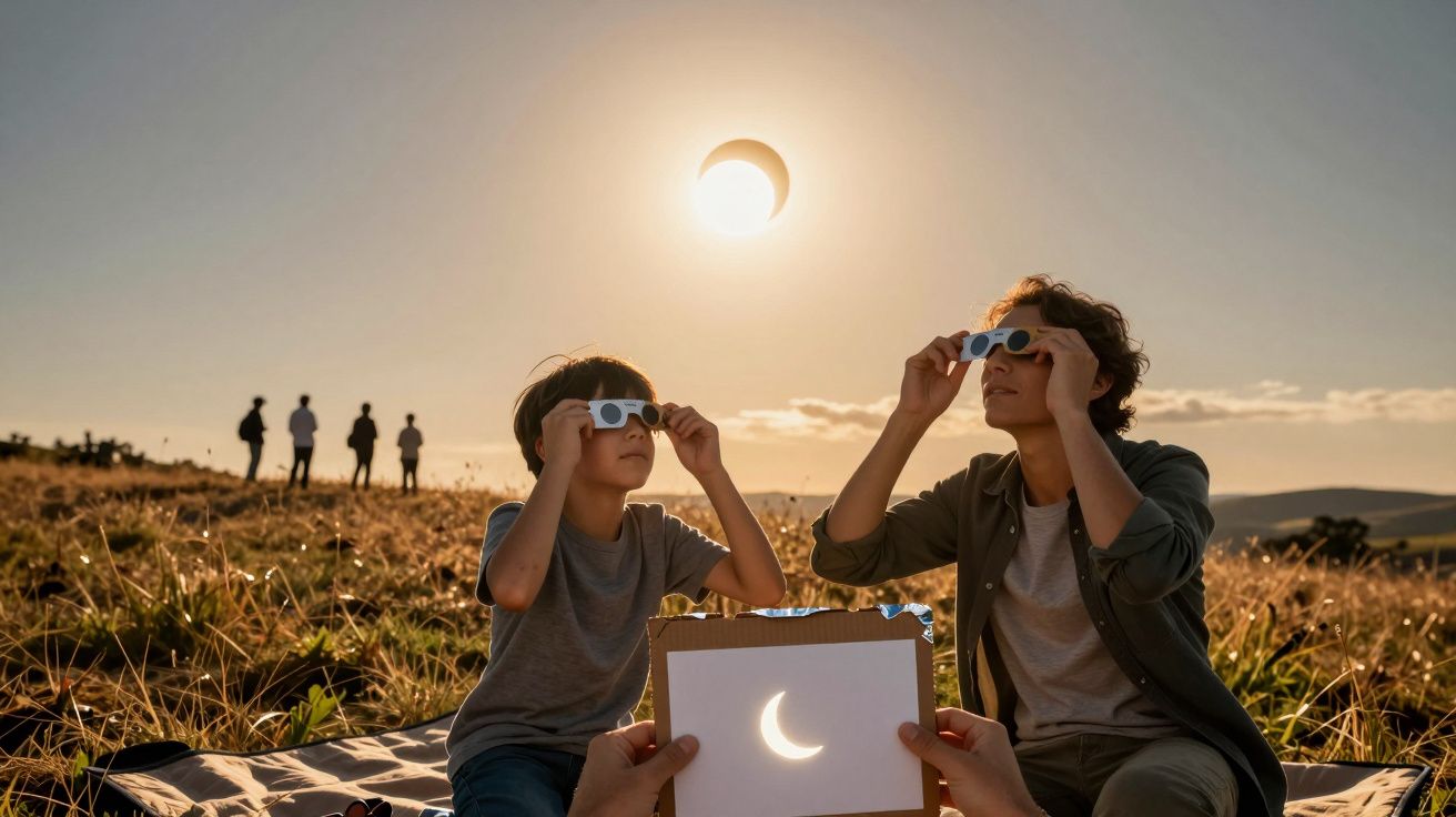 Dois jovens observam um eclipse solar parcial com óculos especiais num campo ao pôr do sol.