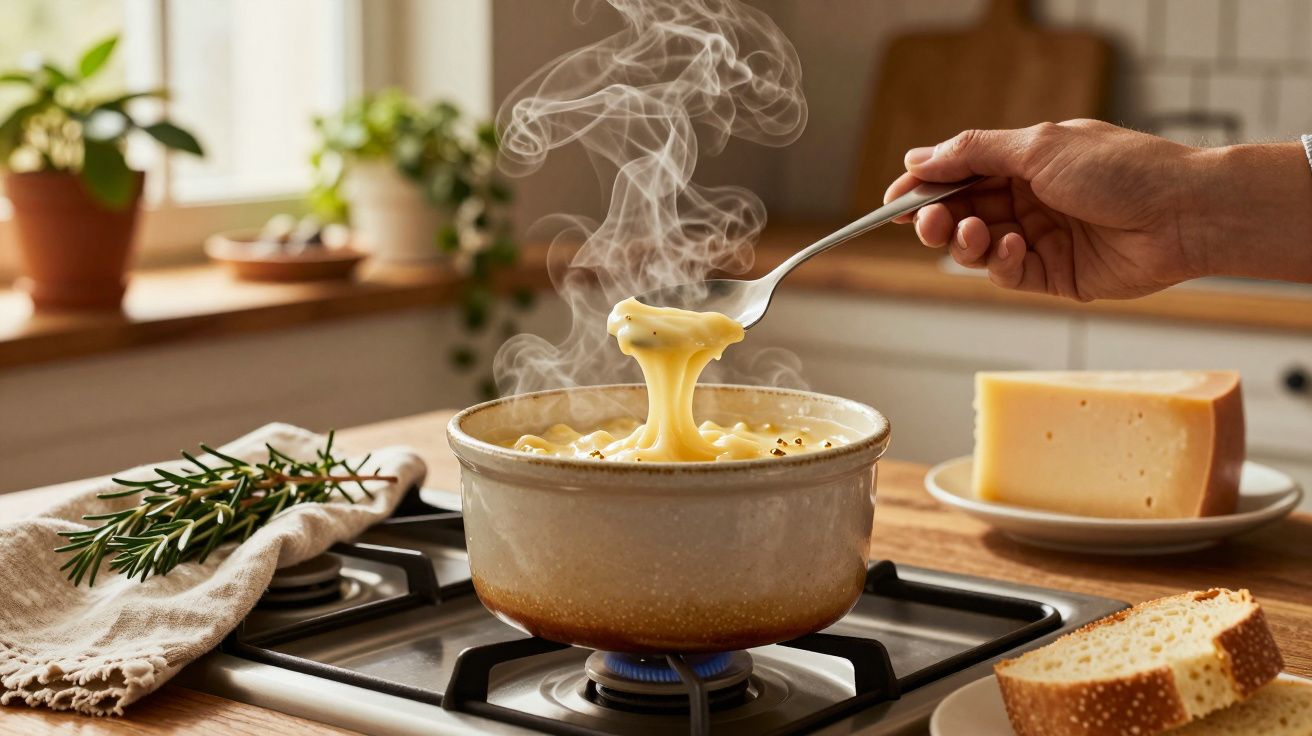 Mão segura colher com massa cremosa fumegante sobre panela no fogão, ervas e queijo ao fundo.