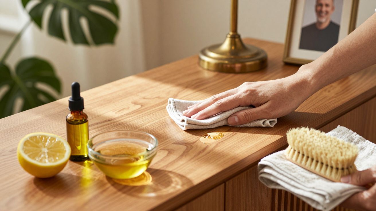 Mão limpando móvel de madeira com pano, ao lado de limão, óleo e escova sobre a mesa.