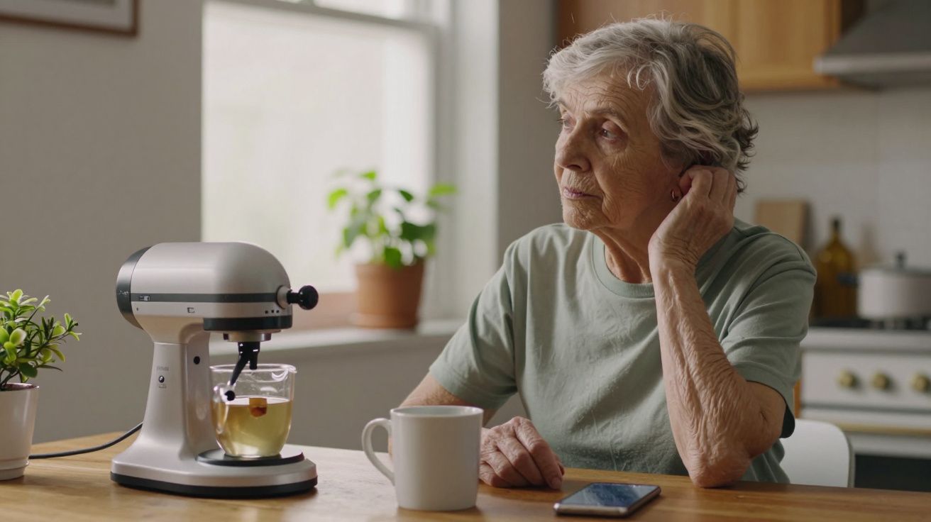 Idosa pensativa na cozinha, ao lado de um robô de cozinha e uma chávena.