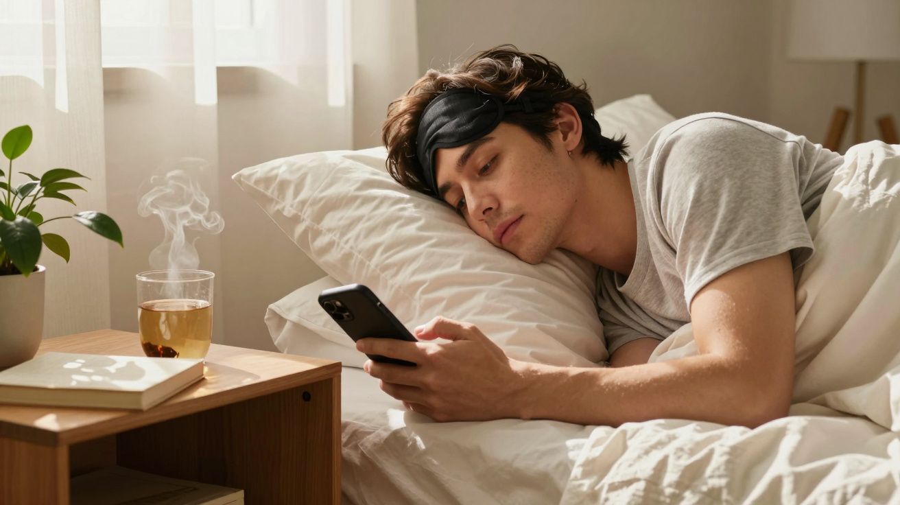 Homem deitado na cama com venda nos olhos, olhando para o telemóvel. Mesinha com planta e chá ao lado.