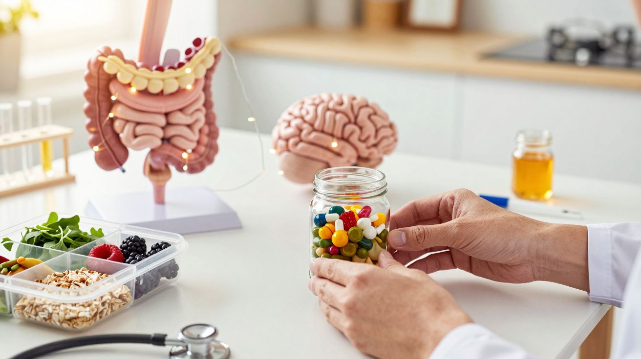 Modelo de intestinos e cérebro ao fundo, frasco com comprimidos coloridos nas mãos e caixinha de alimentos na mesa.