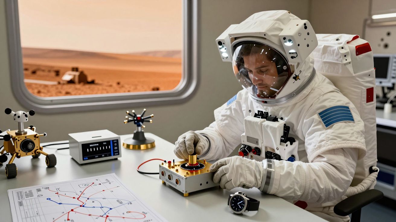 Astronauta num laboratório em Marte, manuseando equipamento. Vê-se a paisagem marciana pela janela ao fundo.