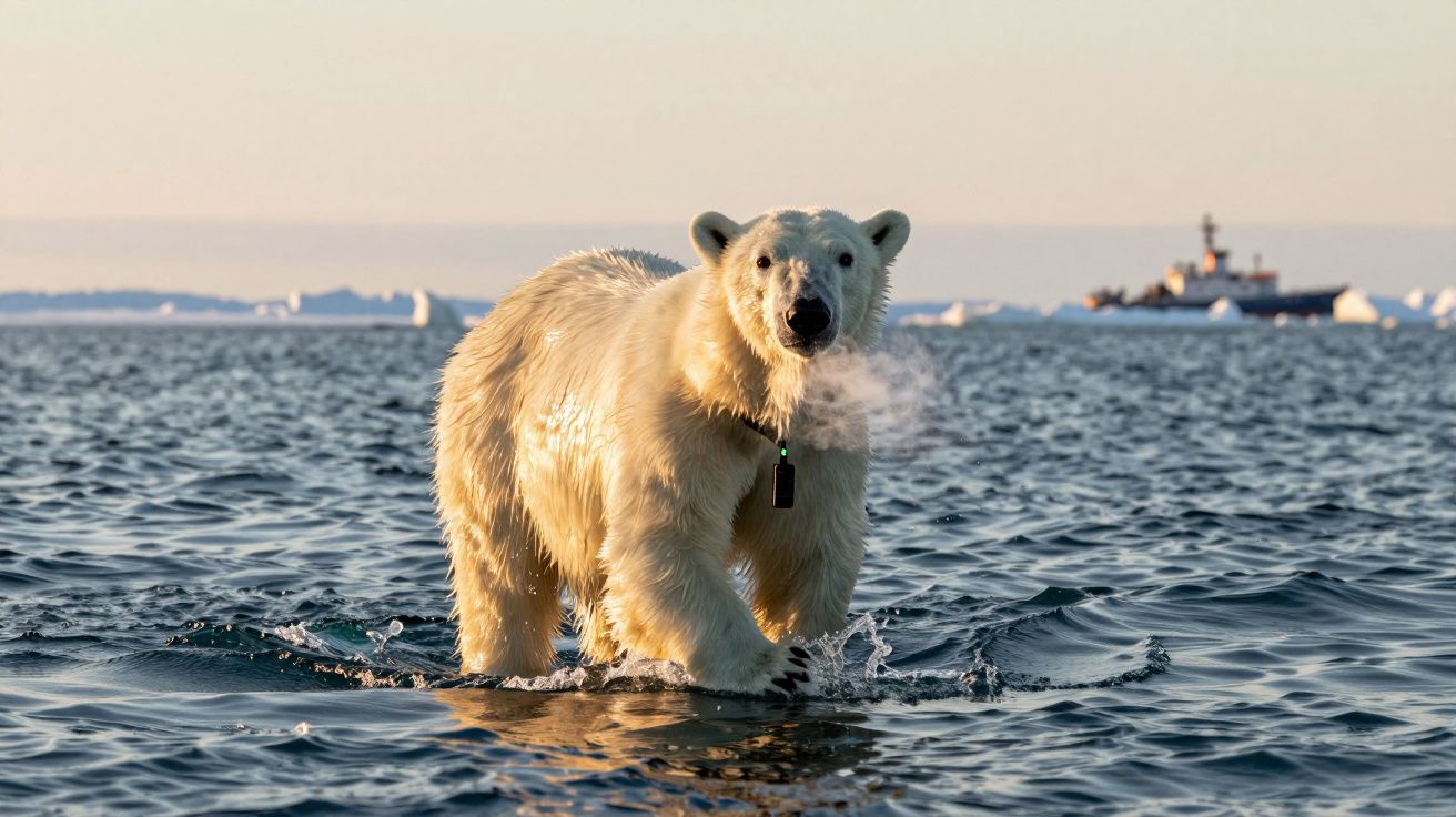 Urso polar em pé na água com um colar de monitoramento; navio de fundo no horizonte.