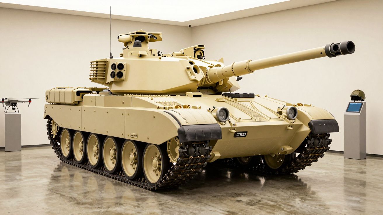 Tanque militar bege em exibição num espaço interior com chão de cimento e paredes brancas.