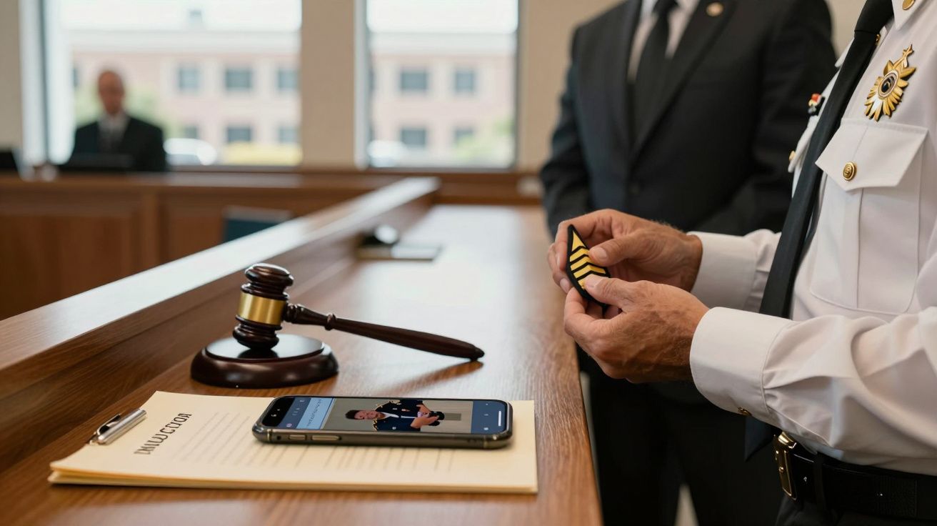 Sala de tribunal com martelo, telefone com imagem e policial segurando insígnia junto a um documento.