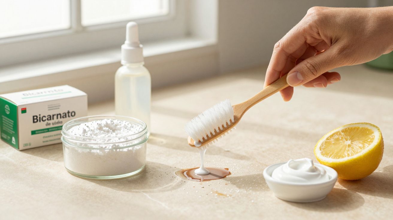 Mão usando escova de dentes com bicarbonato para limpar, rodeada por limão, bicarbonato, frasco e taça de creme numa bancada.