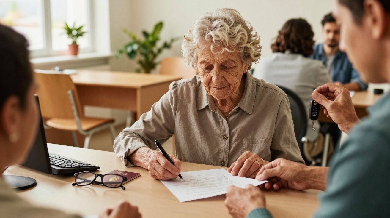 Mulher idosa assina documento numa mesa, com computador portátil, óculos e pessoas ao fundo.
