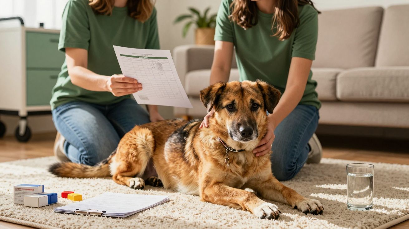 Cão deitado no tapete enquanto duas pessoas com camisolas verdes analisam documentos, com medicamentos ao lado.