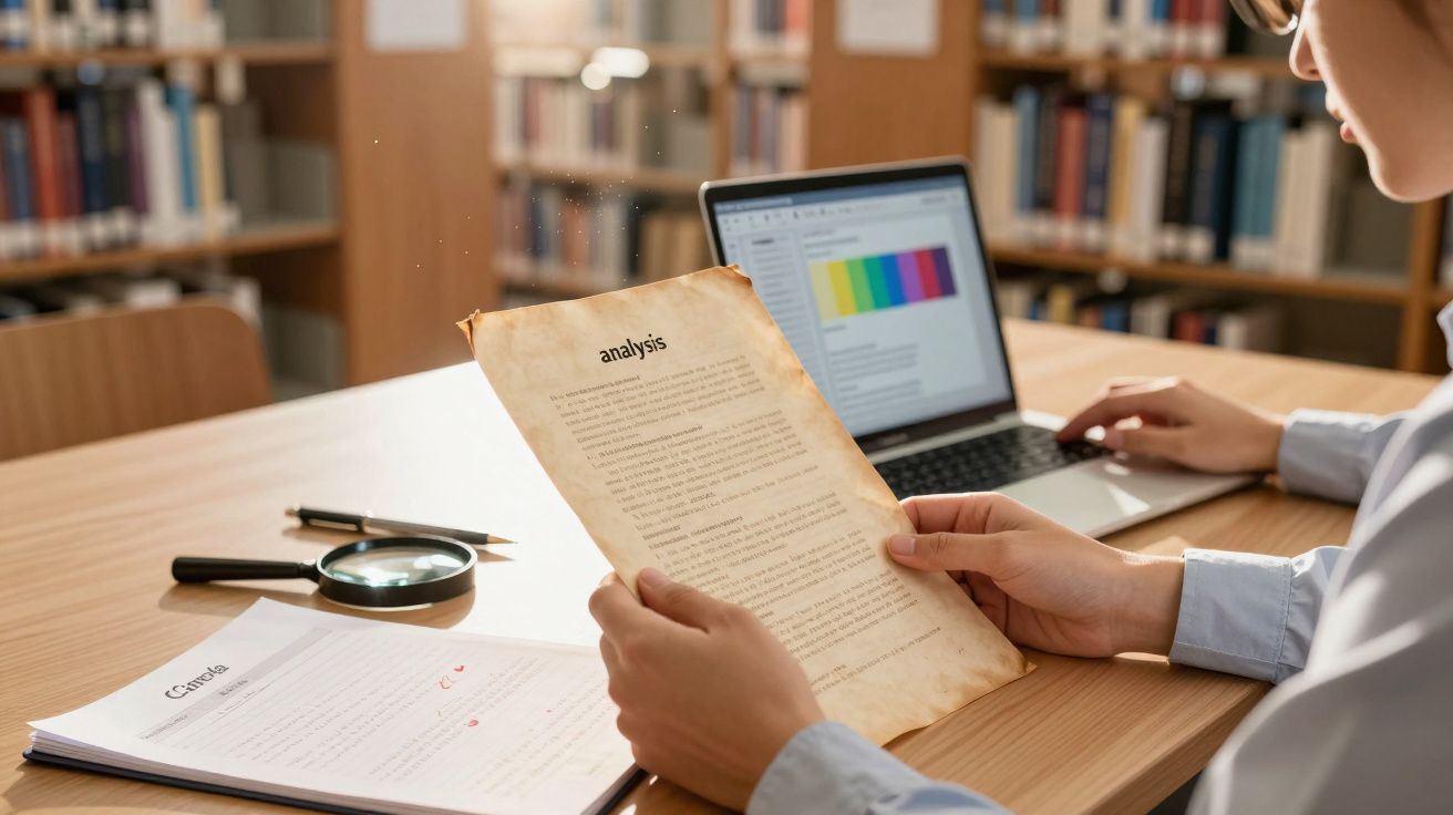 Pessoa a ler documento antigo numa biblioteca, com computador portátil e lupa sobre a mesa.