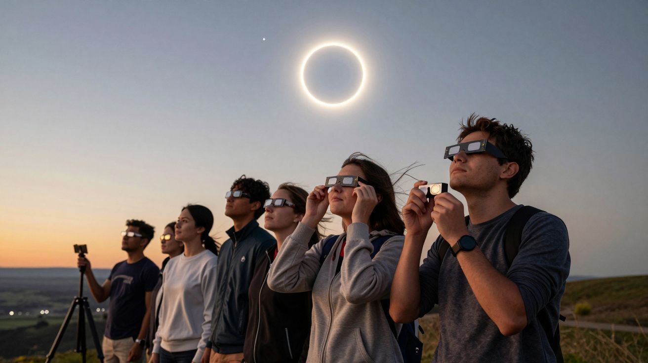 Grupo de pessoas observa eclipse solar anular com óculos de proteção ao entardecer.
