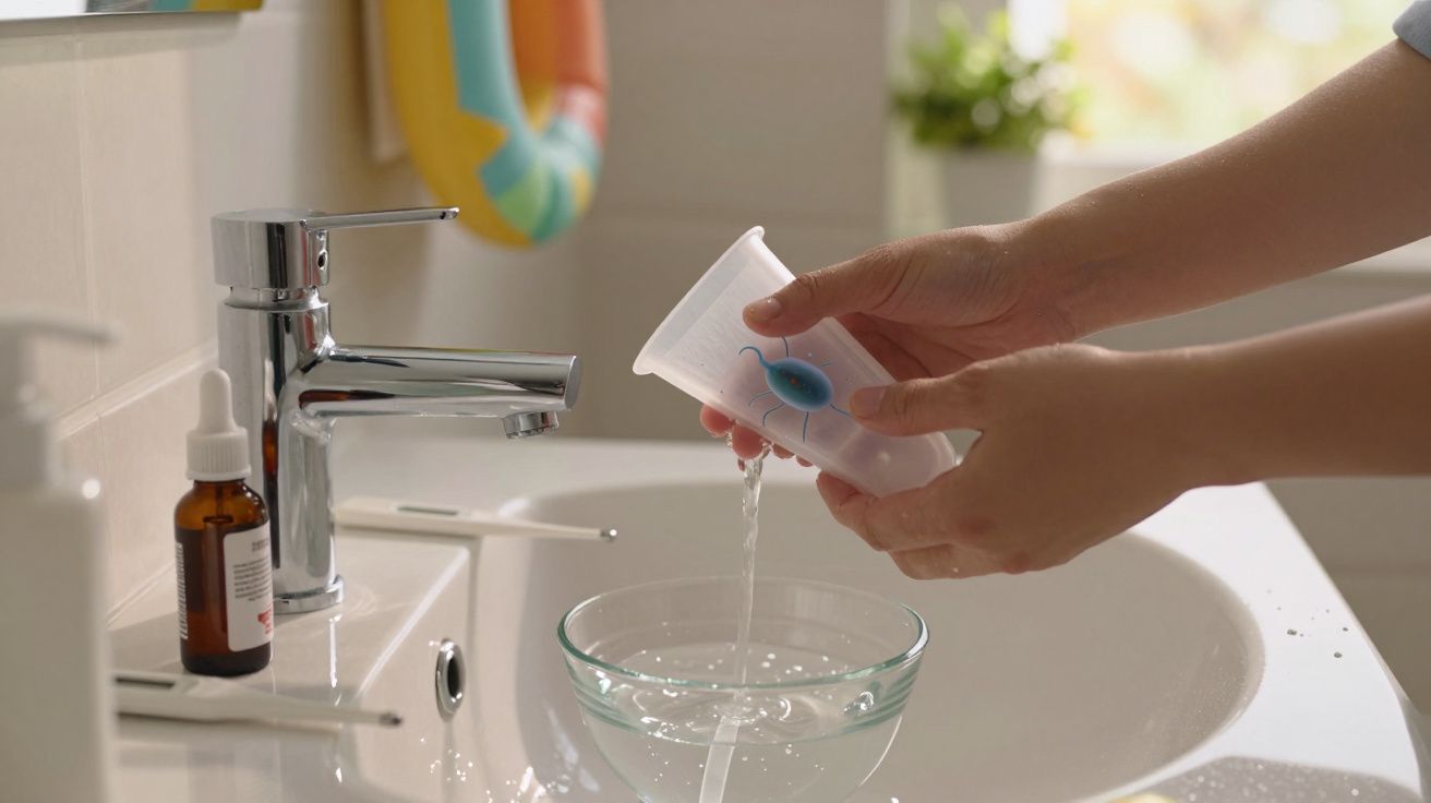 Mãos de pessoa vertendo água de um copo em uma pia de casa de banho com frasco de remédio ao lado.