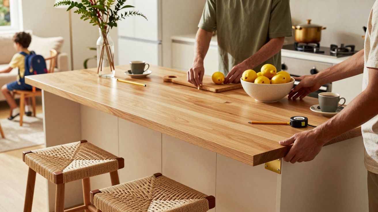 Homem ajusta mesa na cozinha, com fruteira de limões. Criança ao fundo numa cadeira.