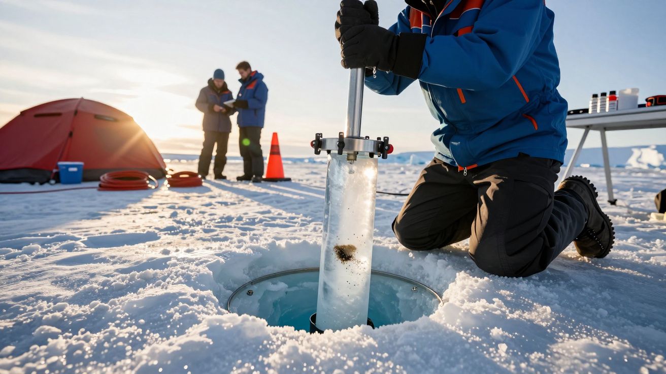 Cientistas perfuram gelo no Ártico; uma pessoa coleta amostra enquanto outras analisam dados ao fundo.