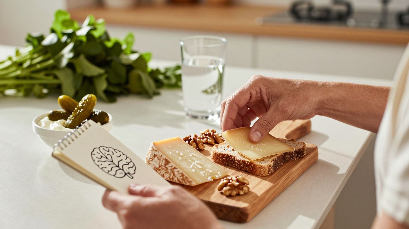 Pessoa prepara sanduíche com queijo e nozes numa tábua, segurando bloco de notas com desenho de cérebro.