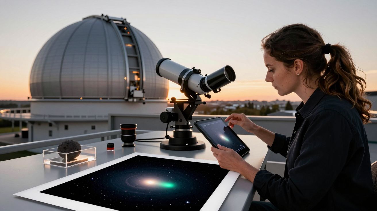 Mulher num observatório estudando galáxia no tablet, com telescópio e cúpula ao fundo, ao entardecer.