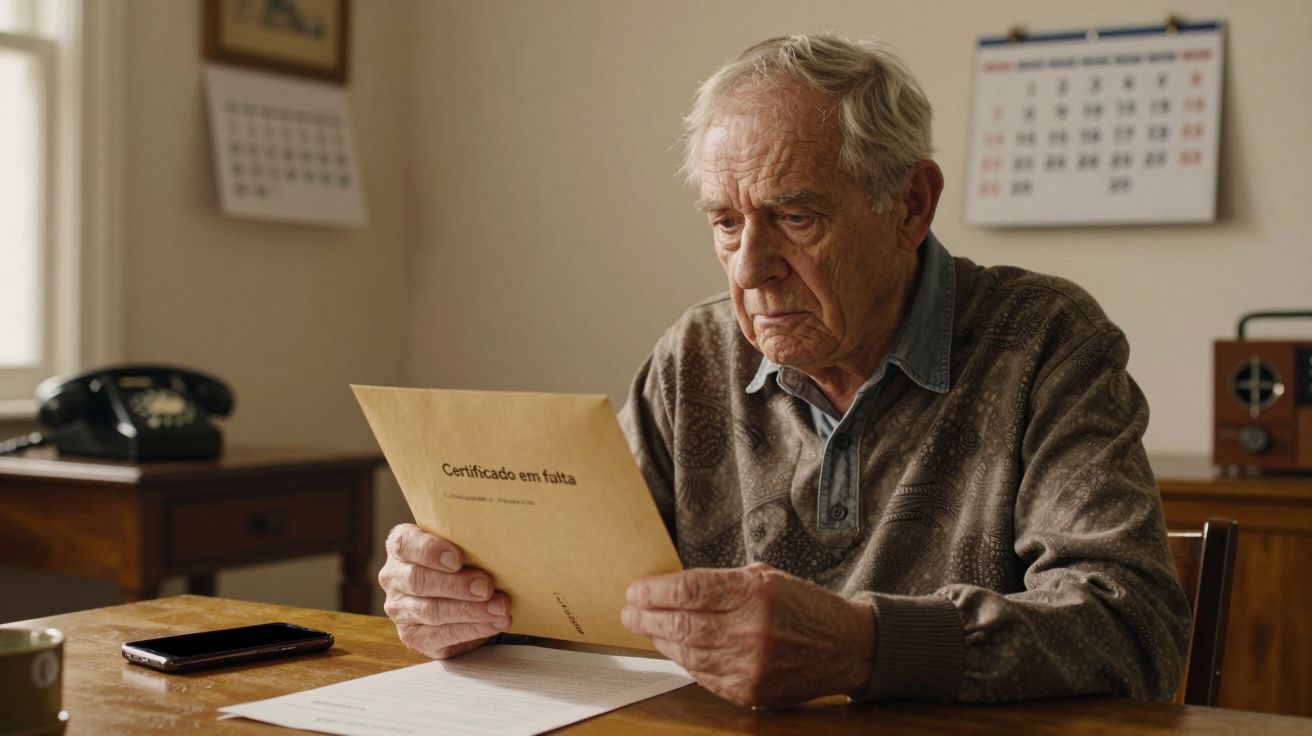 Homem idoso lê documento intitulado "Certificado em falta" numa sala com calendário e telefone antigos.