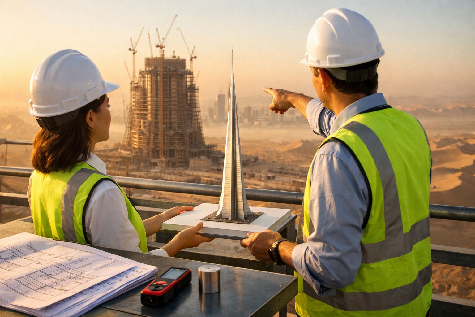 Dois engenheiros observam obras numa construção, junto a grua, usando capacetes e coletes refletores, com planos na mesa.