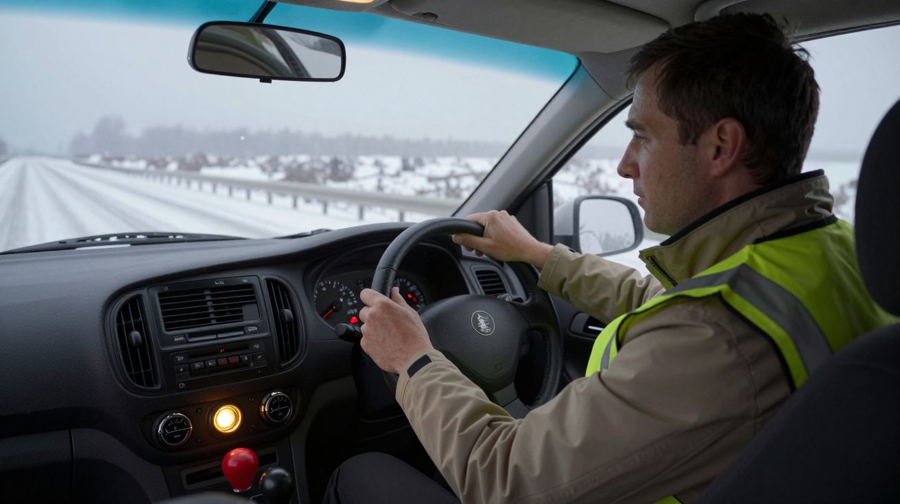 Homem a conduzir carro numa estrada com neve, veste colete refletor, interior do carro à vista.