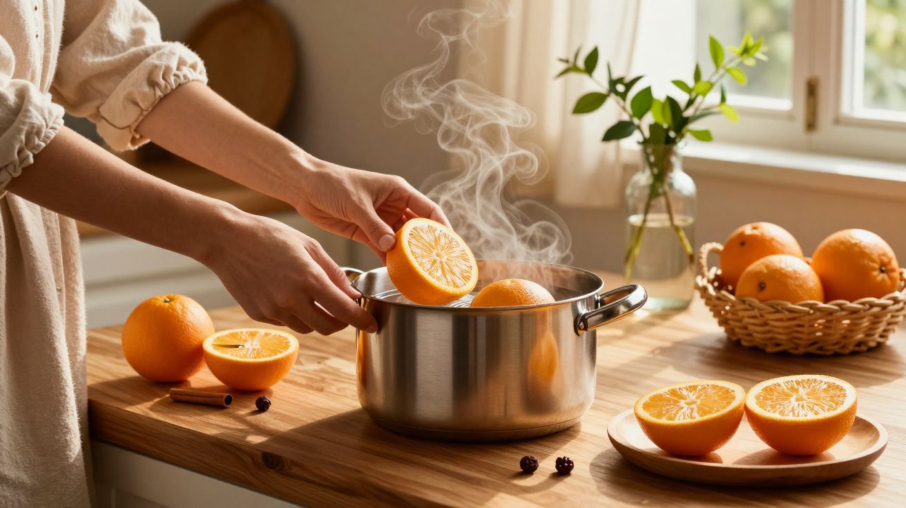 Mãos colocando uma laranja cortada numa panela de aço inoxidável, na cozinha, com cesto de laranjas ao fundo.
