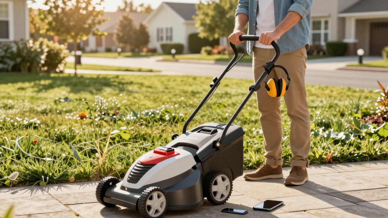 Homem com corta-relva elétrico num jardim, ao lado de auscultadores e smartphone sobre o chão.
