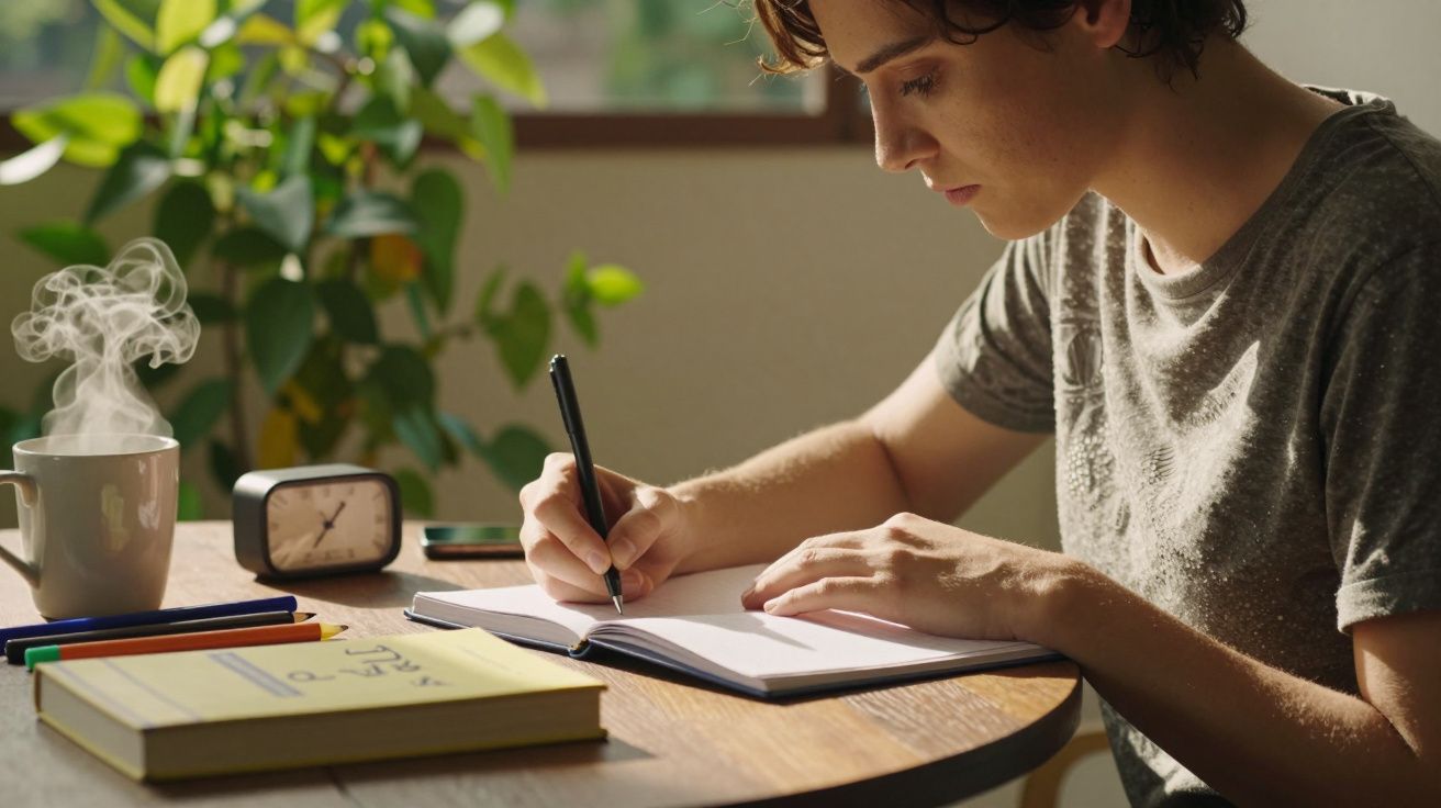 Pessoa escreve num caderno em mesa com café, despertador e lápis, perto de uma janela com planta ao fundo.