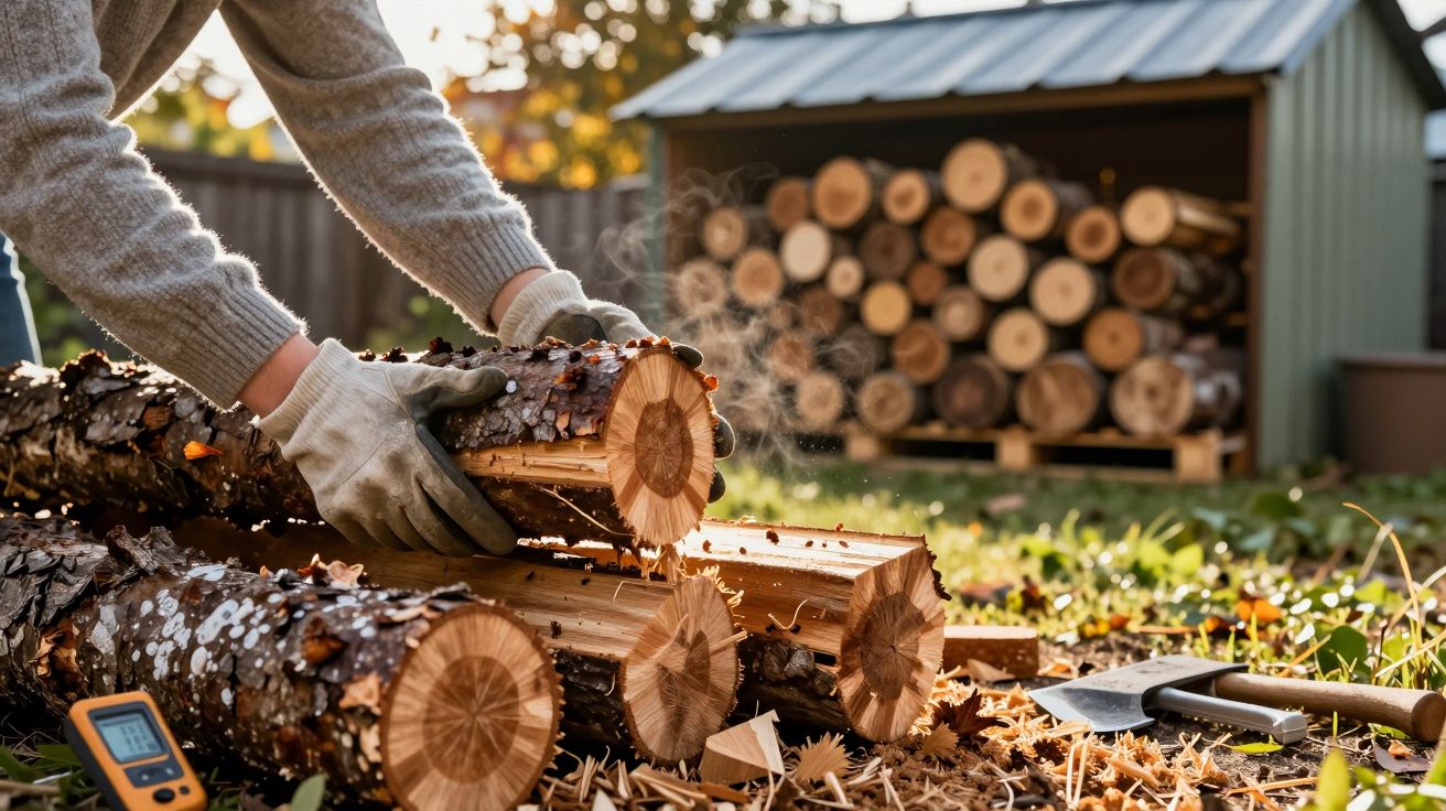 Pessoa empilhando lenha cortada no jardim, com abrigo de madeira ao fundo e machado no chão.