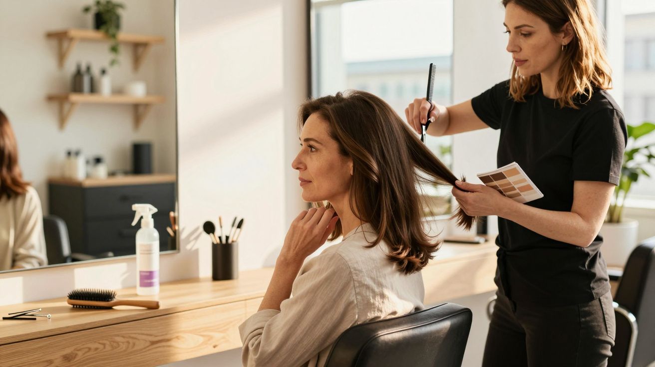 Cabeleireira avalia o cabelo de uma cliente no salão de beleza iluminado pela luz natural.