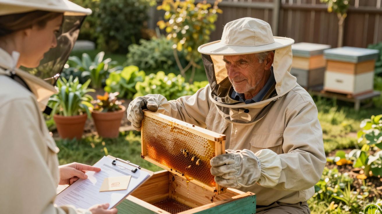 Apicultor sénior examina um favo de mel, enquanto outra pessoa toma notas num jardim com colmeias ao fundo.