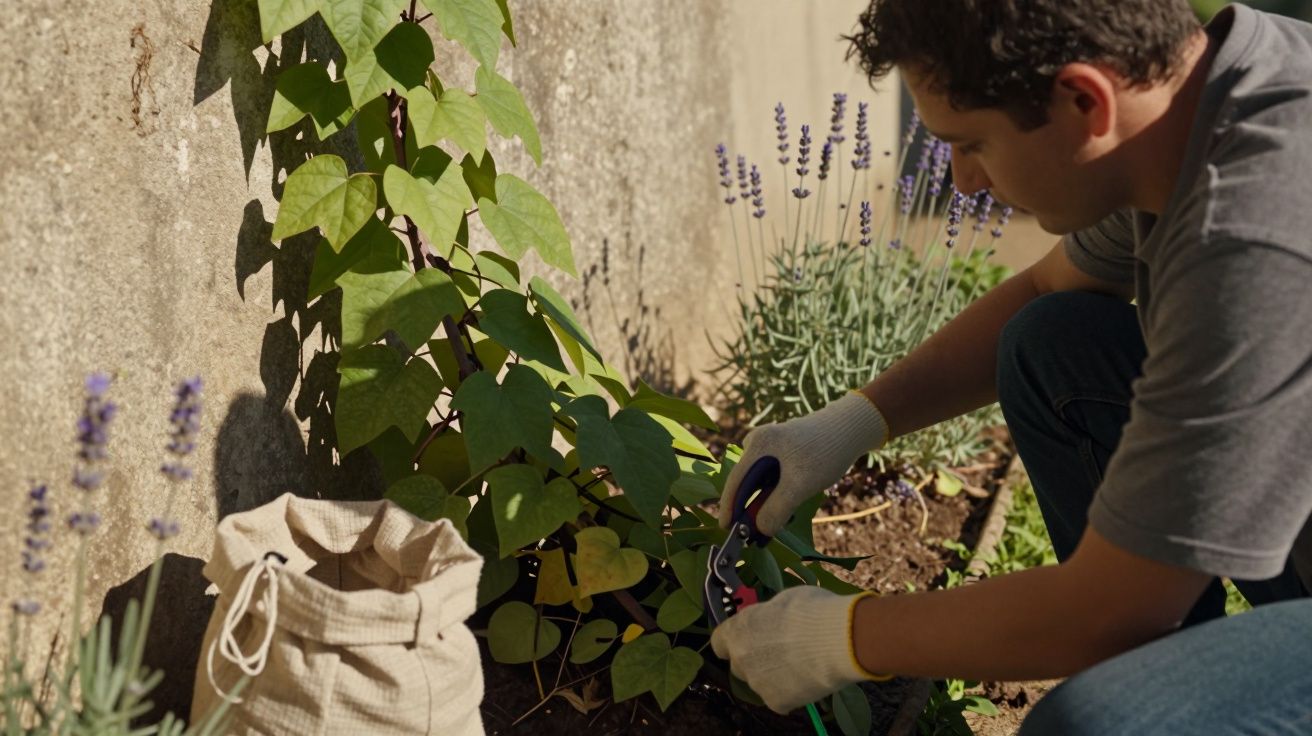 Homem jardina, podando plantas trepadeiras com luvas, ao lado de lavandas e saco de pano.