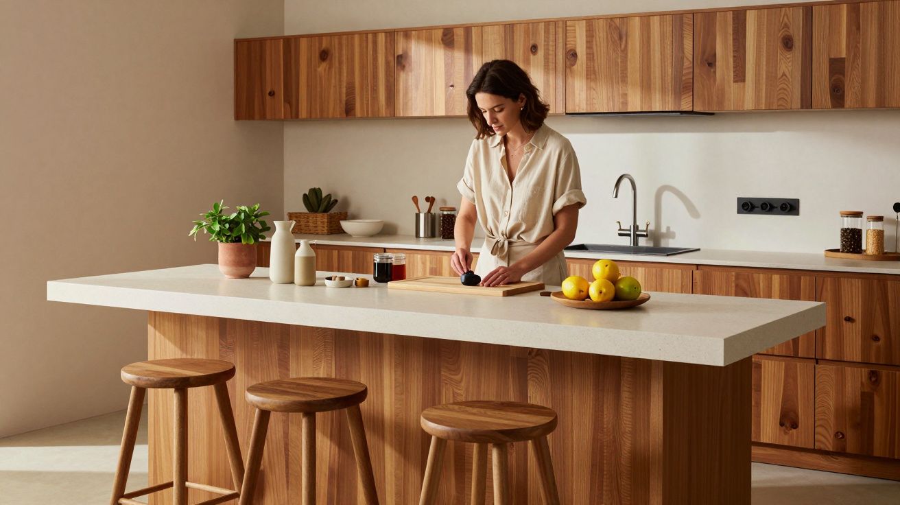Mulher a cortar vegetais numa cozinha moderna com balcão de madeira e bancos altos.
