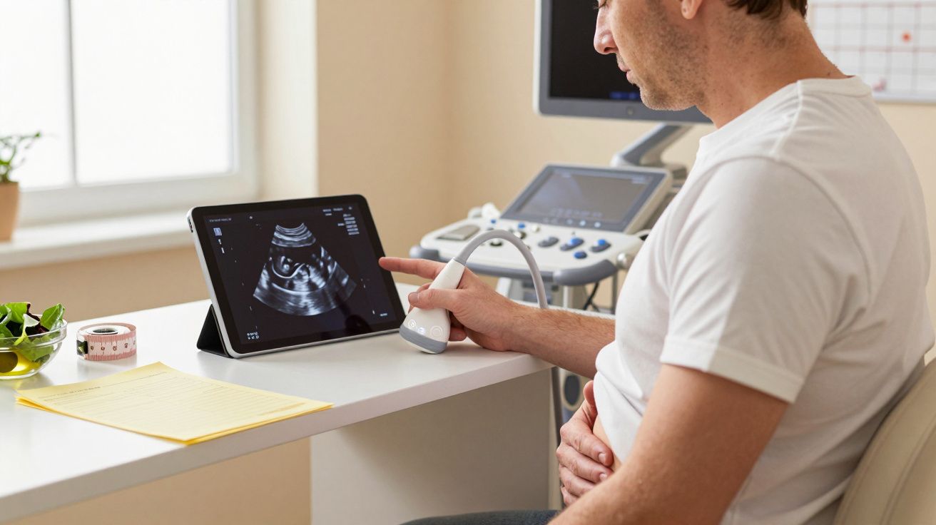 Homem sentado, faz ecografia na barriga, consultando imagem num tablet, em ambiente clínico.