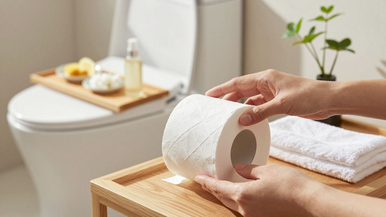 Mãos segurando rolo de papel higiénico, com sanita e acessórios de casa de banho ao fundo.