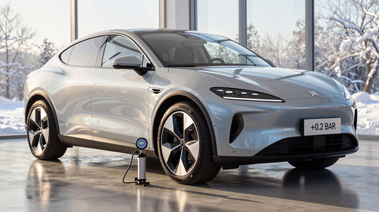 Carro elétrico prata em salão com janelas grandes, neve do lado de fora, equipamento de medição à frente.