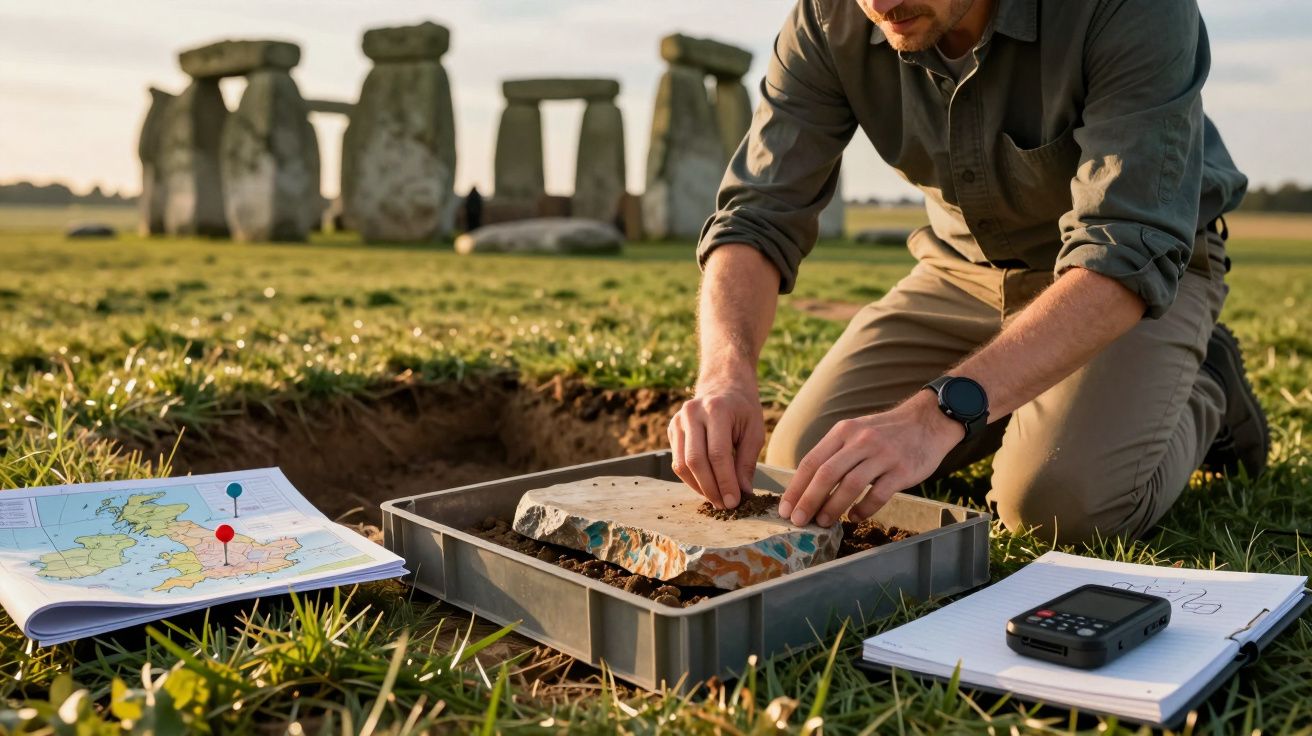 Arqueólogo a analisar uma rocha em escavação perto de Stonehenge, com mapa, bloco de notas e gravador ao lado.