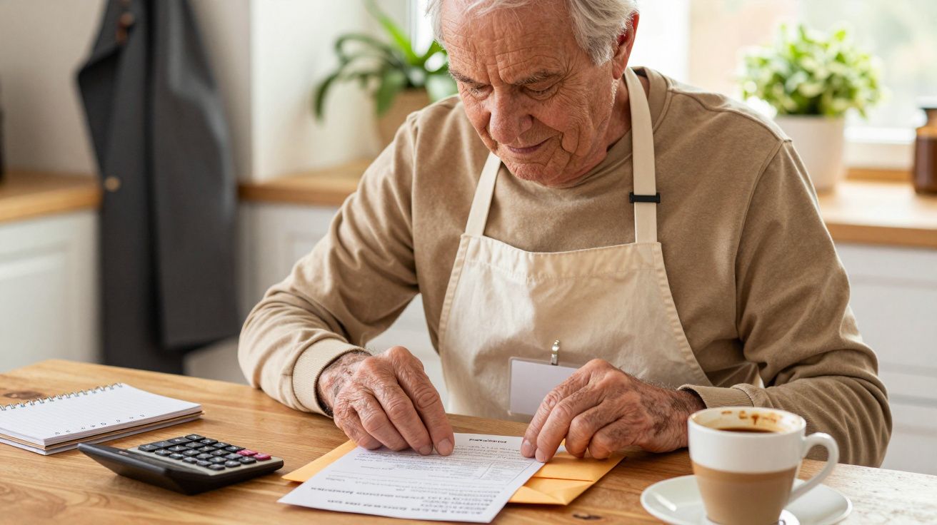 Homem idoso de avental lê documentos na cozinha, com calculadora e chávena de café na mesa.