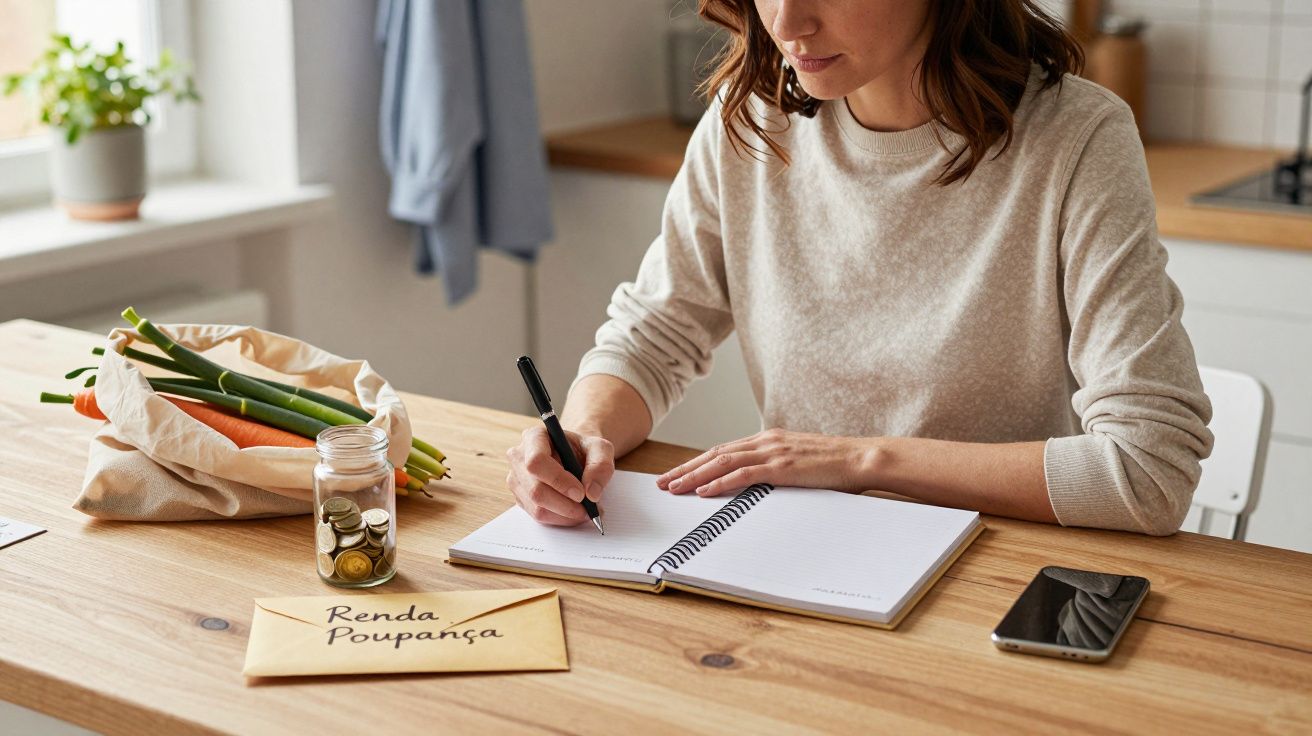 Mulher fazendo anotações em caderno com envelope "Renda Poupança", moedas em frasco e legumes sobre a mesa.
