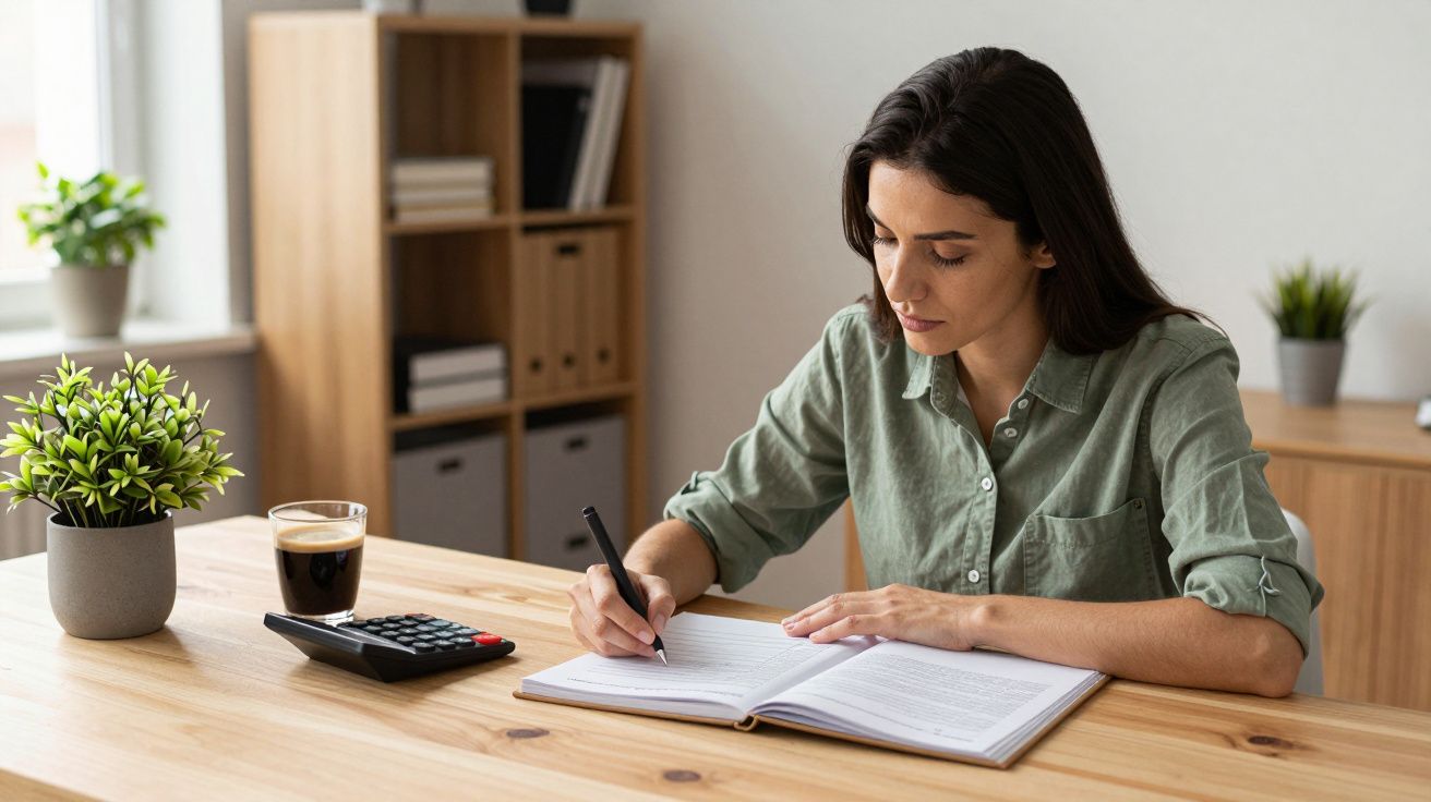 Mulher sentada numa secretária a escrever num caderno, próxima de uma planta, uma calculadora e um café.