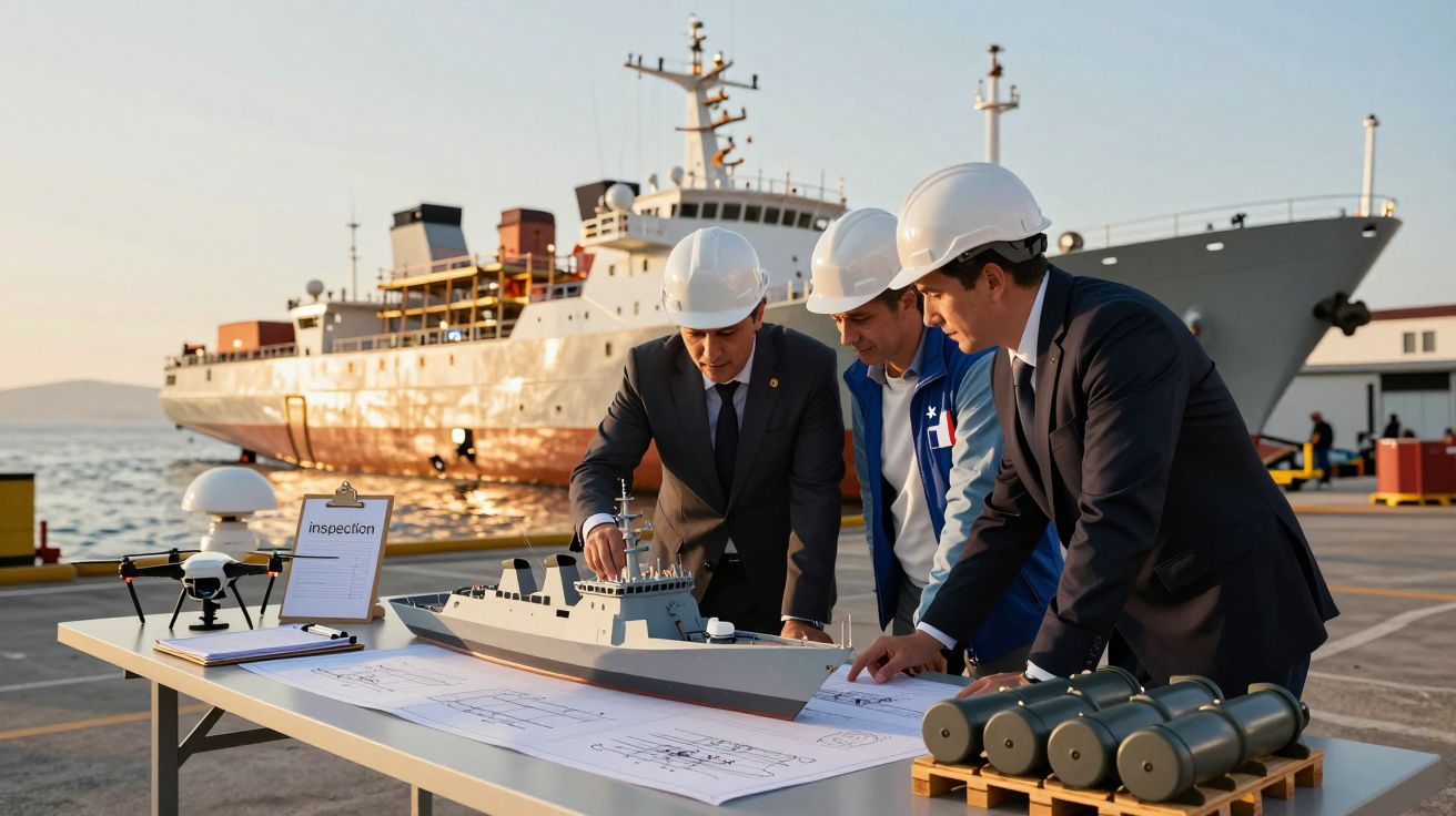 Três homens com capacetes analisam maquete de barco e plantas num estaleiro, com navio real ao fundo.