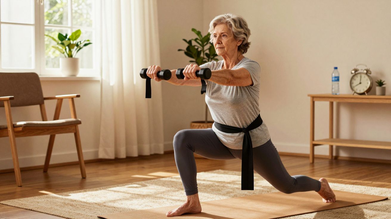 Mulher idosa a fazer exercício de lunges com pesos numa sala iluminada e decorada com plantas.