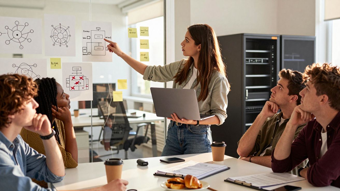 Mulher apresenta ideias em quadros a grupo de colegas em sala de reuniões moderna.