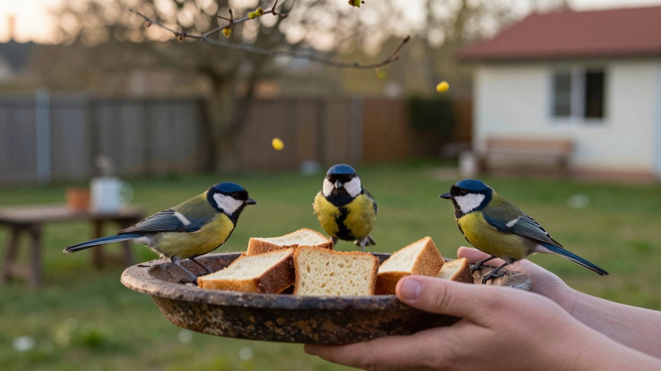 Três pássaros com penas coloridas pousados numa bandeja com fatias de bolo no jardim de uma casa.