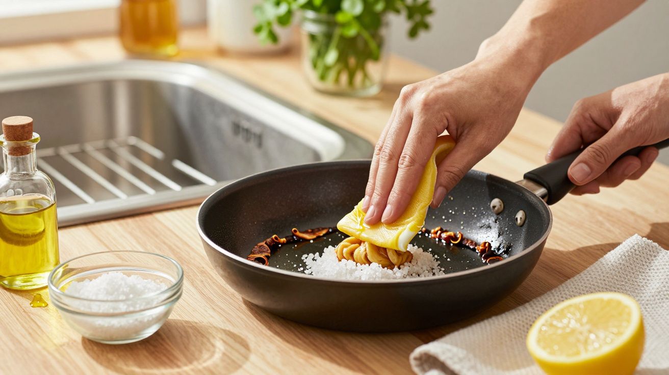 Mão a esfregar uma frigideira com limão e sal grosso junto a uma bancada com ingredientes e pia.