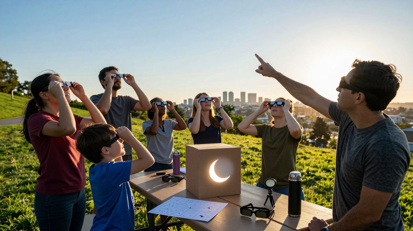 Grupo de pessoas observa um eclipse solar com óculos especiais, ao ar livre, enquanto um homem aponta para o céu.