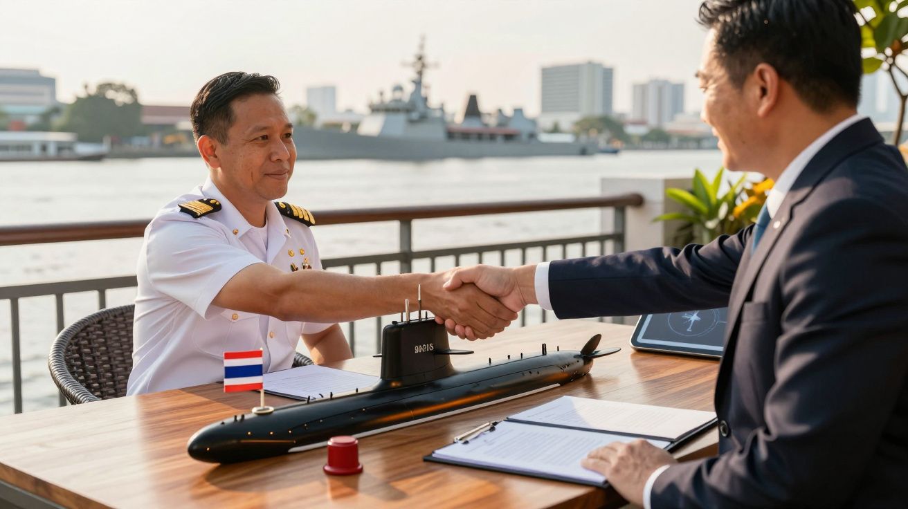 Dois homens apertam as mãos sobre uma maquete de submarino e documentos, com um navio ao fundo.