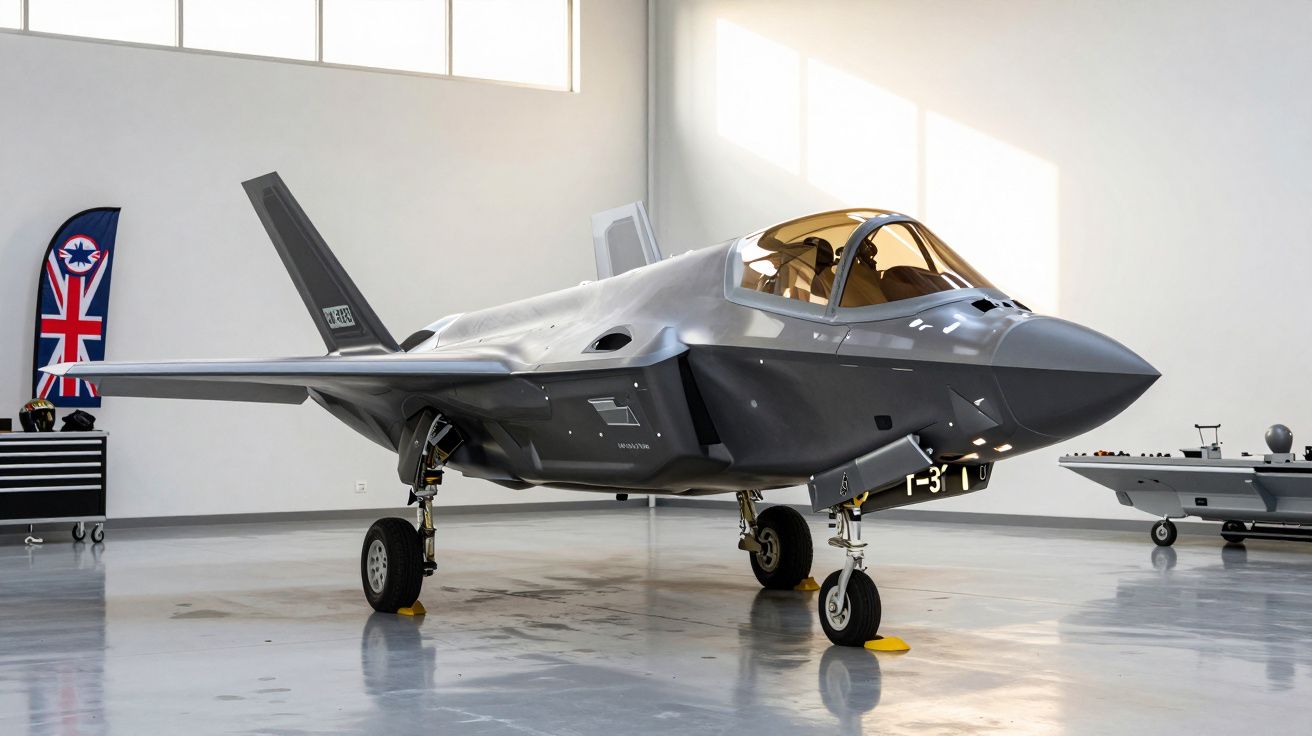 Avião de combate cinza estacionado num hangar iluminado, com bandeira ao fundo e ferramentas próximas.