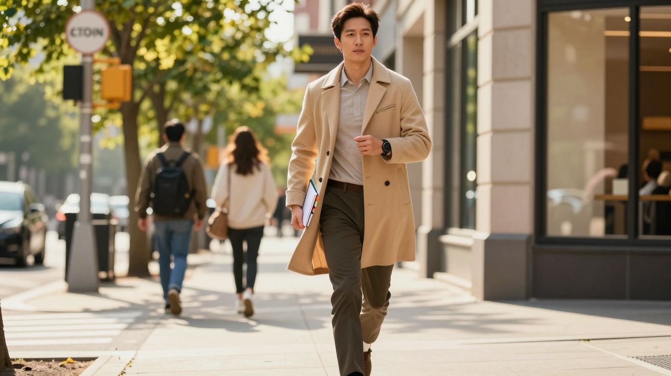 Homem de casaco bege caminha numa rua ensolarada da cidade, segurando uma pasta. Pessoas ao fundo.