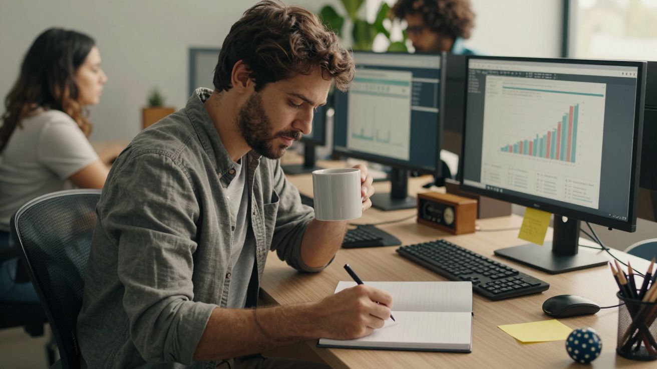 Homem escreve em caderno enquanto segura caneca, com gráficos no computador ao fundo, em ambiente de escritório.